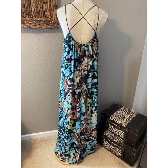 Bebe Dress Blue Red L Large Flowing Strappy Multicolor Maxi Midi - Picture 4 of 9